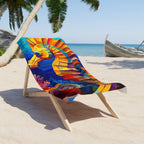 A colorful beach chair draped with a vibrant, multicolored seahorse-patterned towel, set on a sandy beach with palm trees and the ocean in the background.
