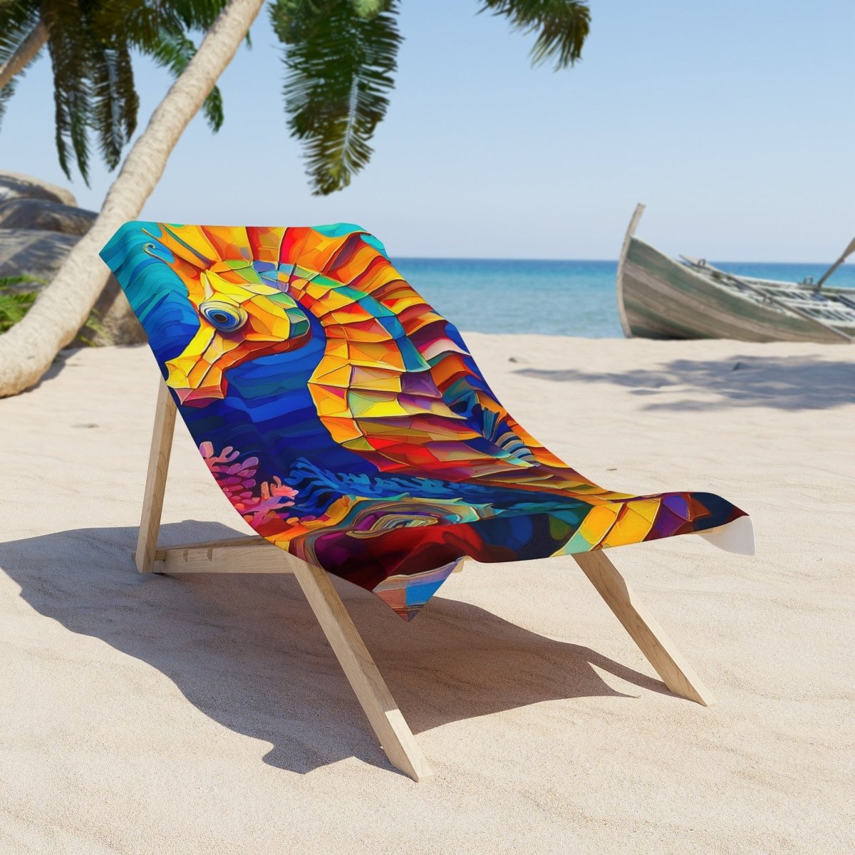 A colorful beach chair draped with a vibrant, multicolored seahorse-patterned towel, set on a sandy beach with palm trees and the ocean in the background.
