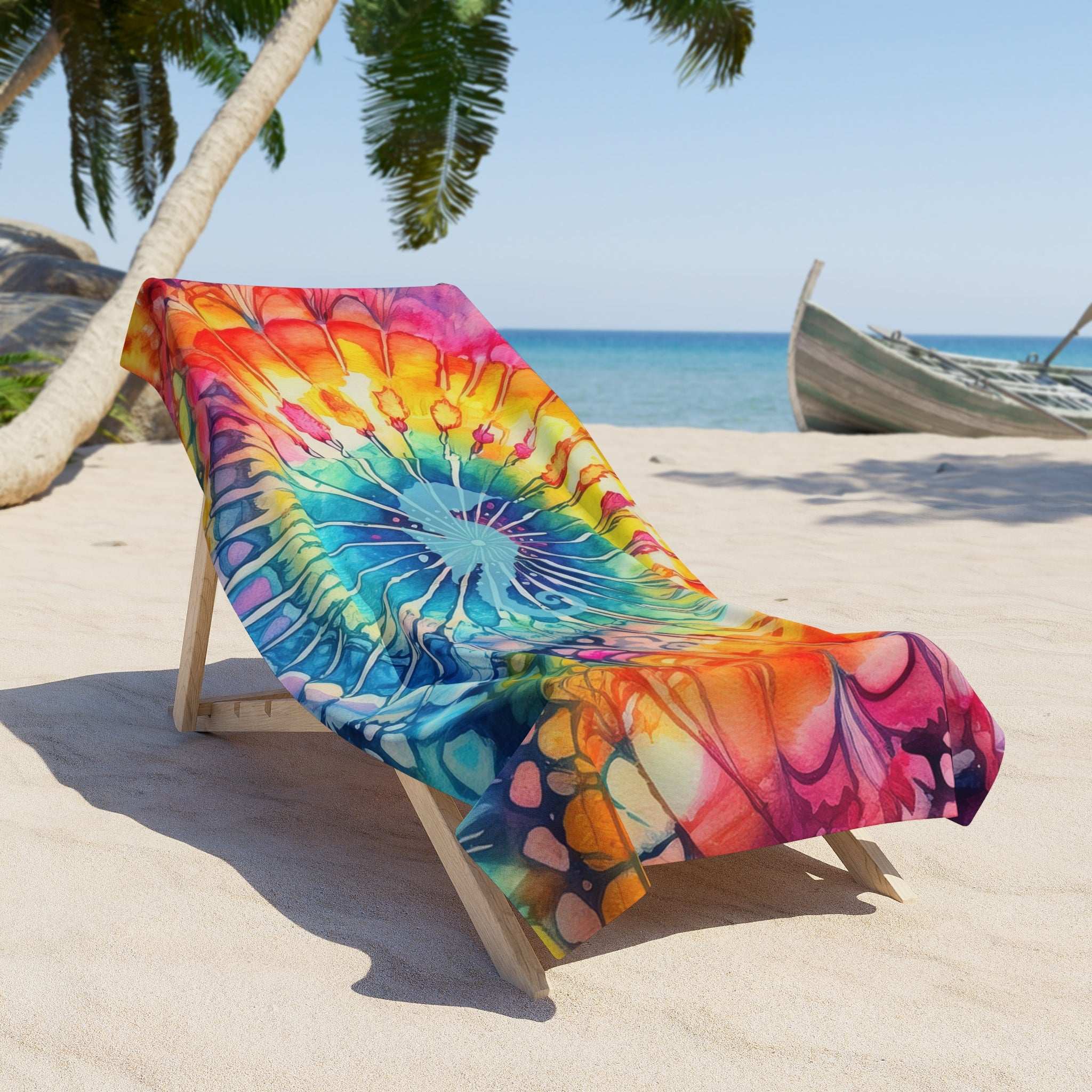 Beautiful tie-dye beach towel featuring a seahorse in the center draped over a beach chair under a palm tree.