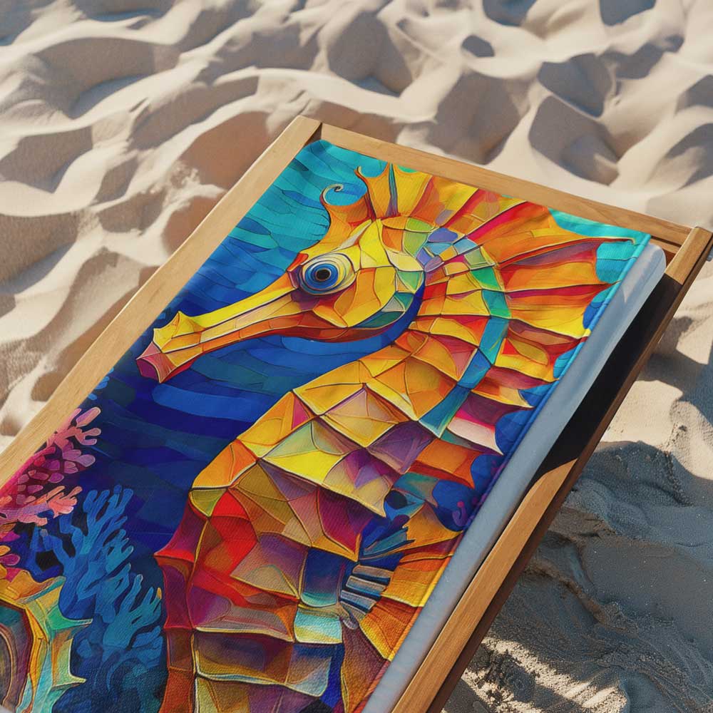 Seahorse beach towel laying on a beach lounge chair