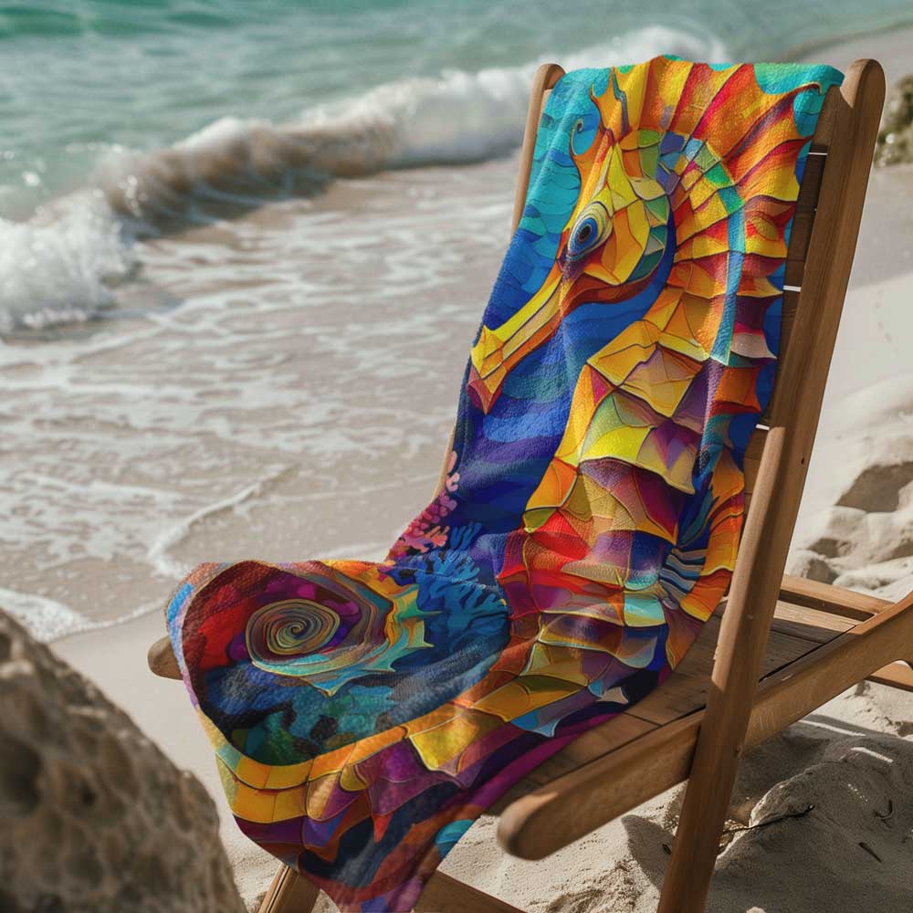 Colorful Seahorse Beach Towel draped over chair in the sand next to the sea