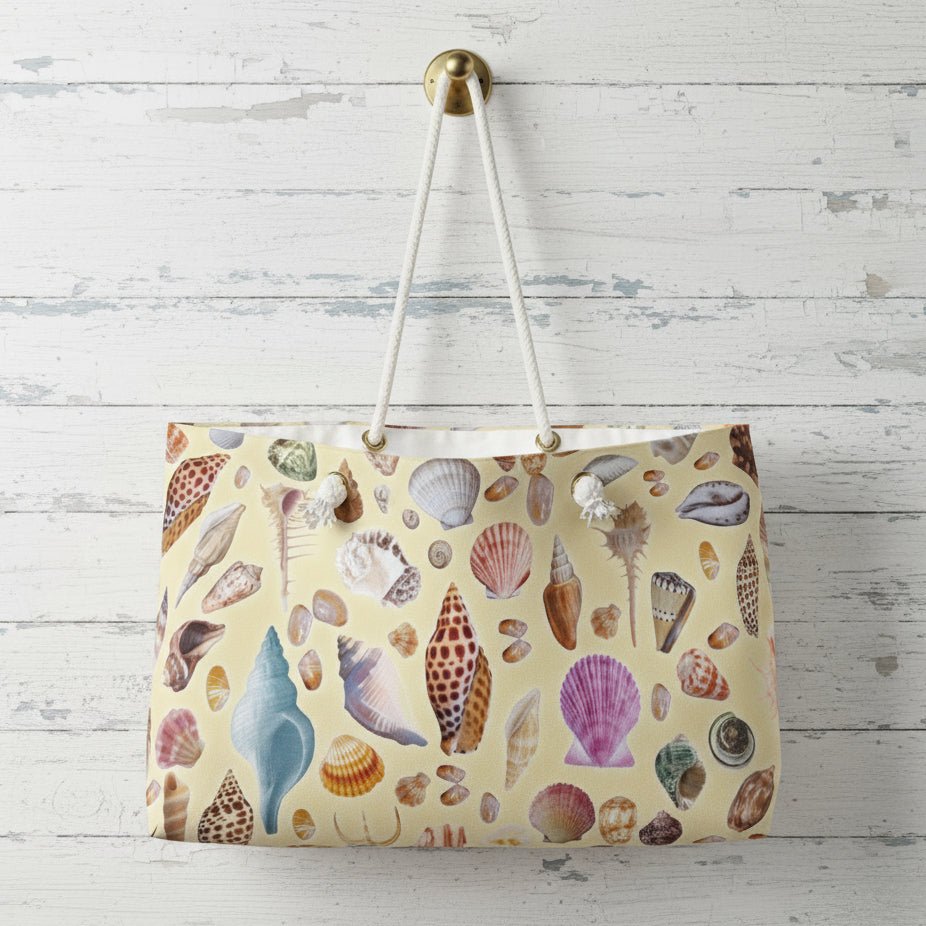 Tote bag with shell pattern hanging on a wooden wall