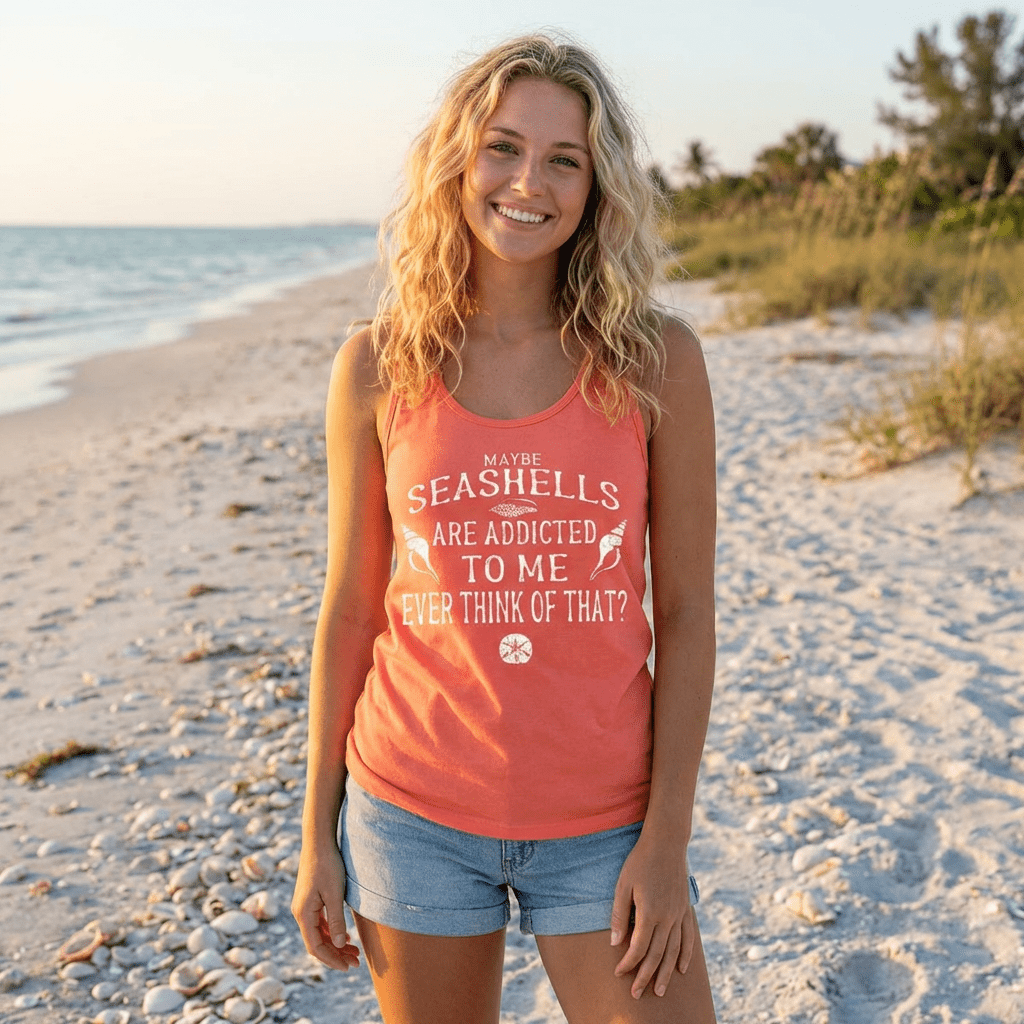 Woman wearing a tank top with a beach-themed quote on a sandy beach.