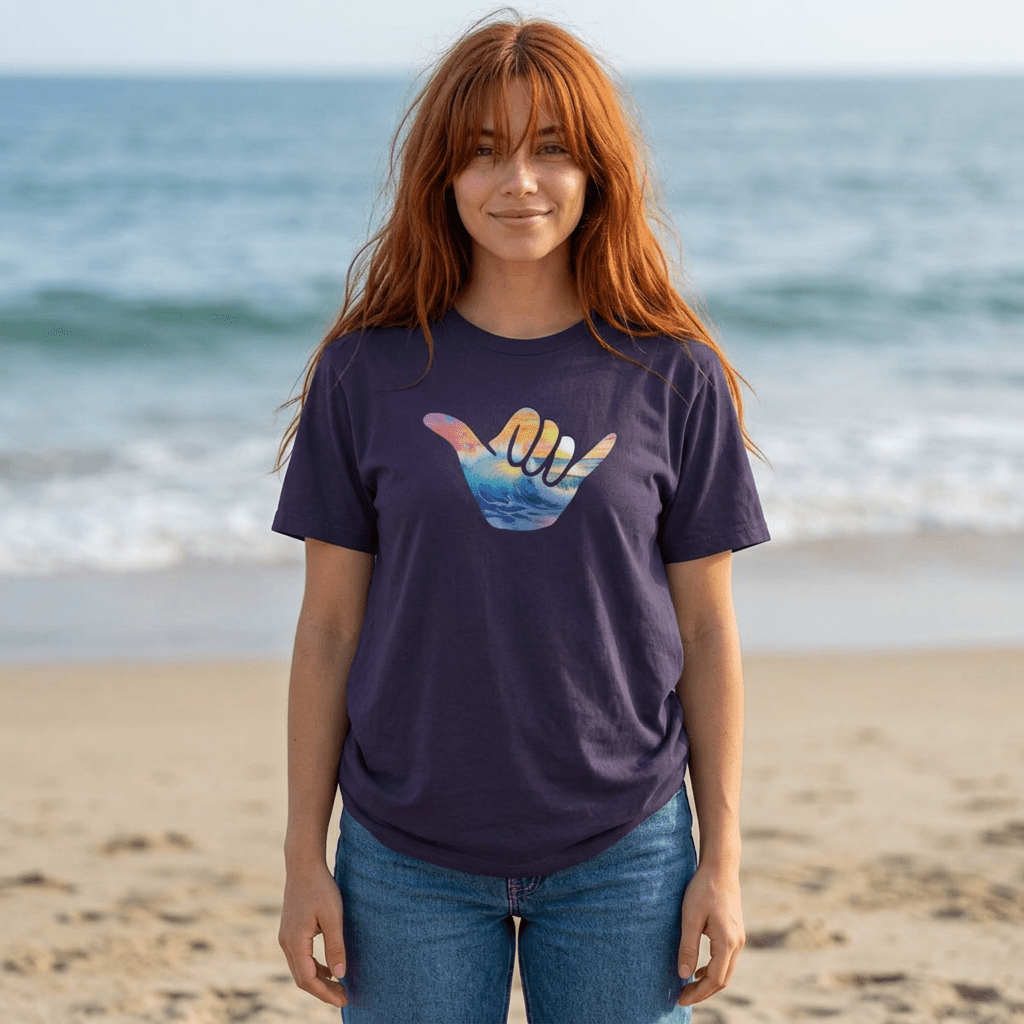 A woman with long red hair stands on a sandy beach wearing a dark purple Hang Loose Shaka t-shirt with a colorful shaka hand graphic on the chest, paired with blue jeans.