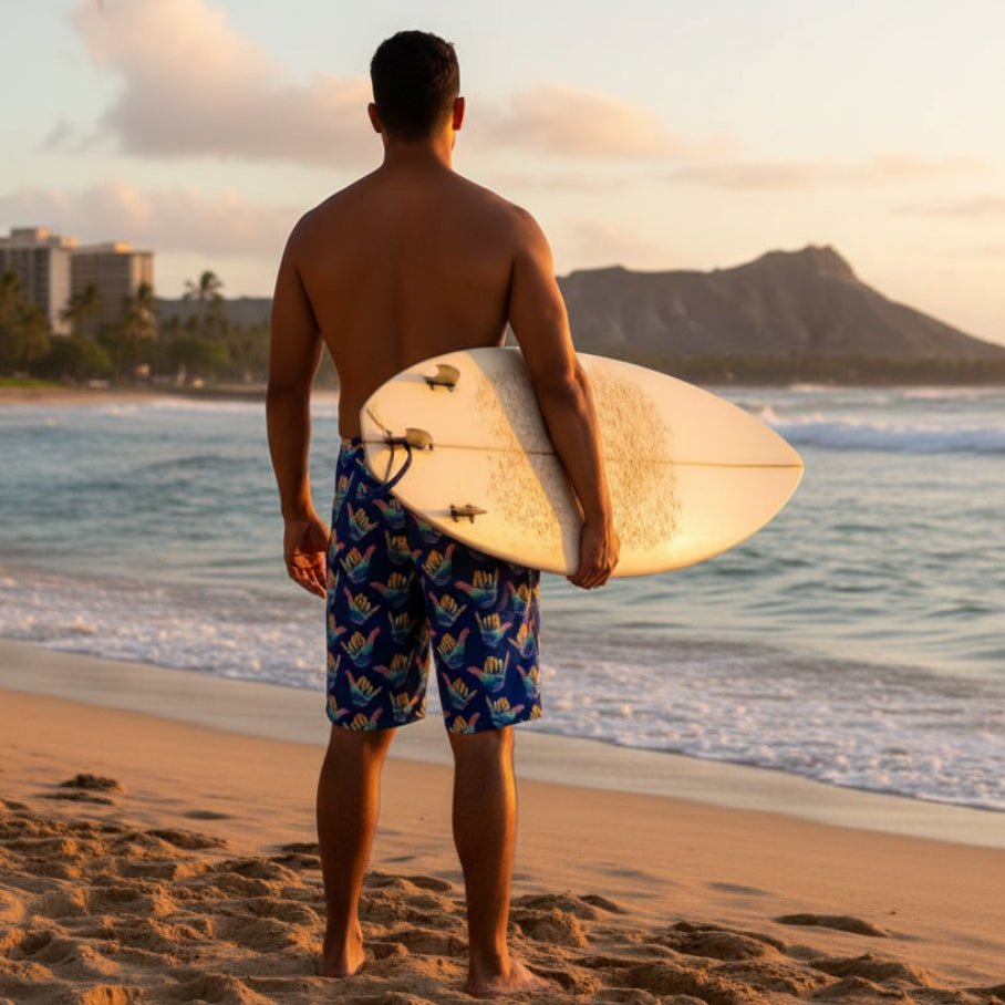 Guy wearing deep blue board shorts with colorful shaka hand signs pattern on Waikiki Beach