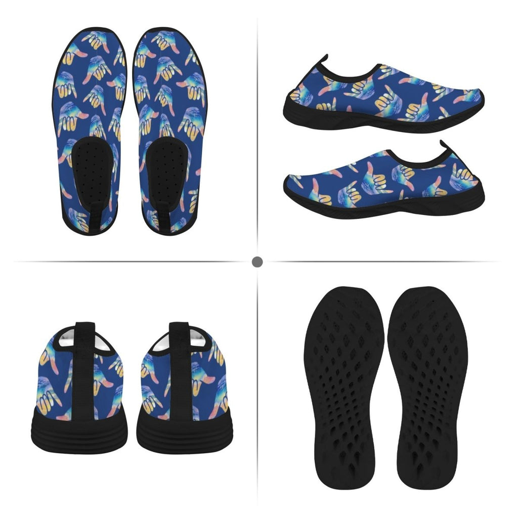 A four-panel product display of slip-on water shoes showing the top, side, and sole views. The shoes feature a gray and black floral pattern with a black textured footbed and black soles.