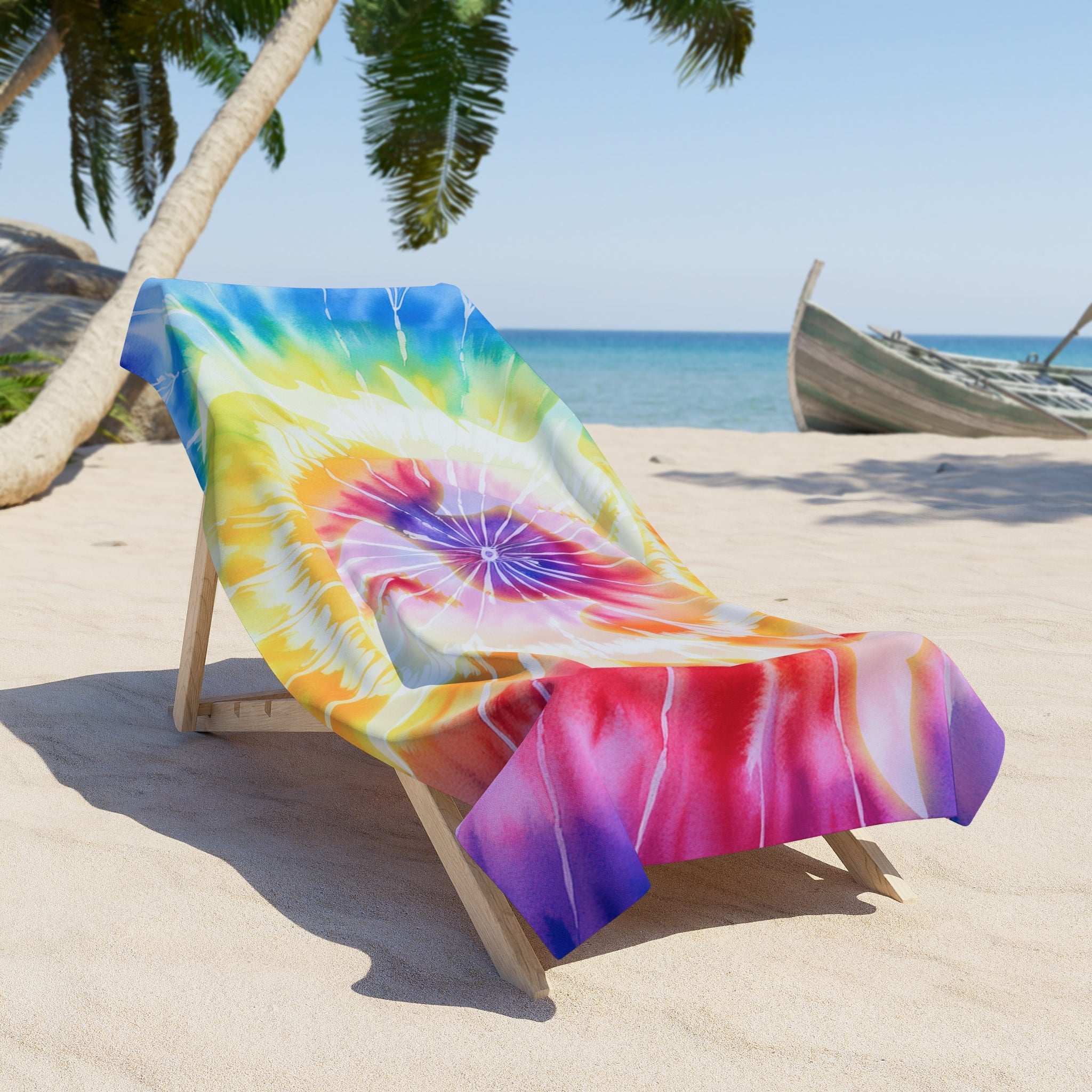 Cool tie-dye beach towel with ghostly shark imprint laying across a beach chair.