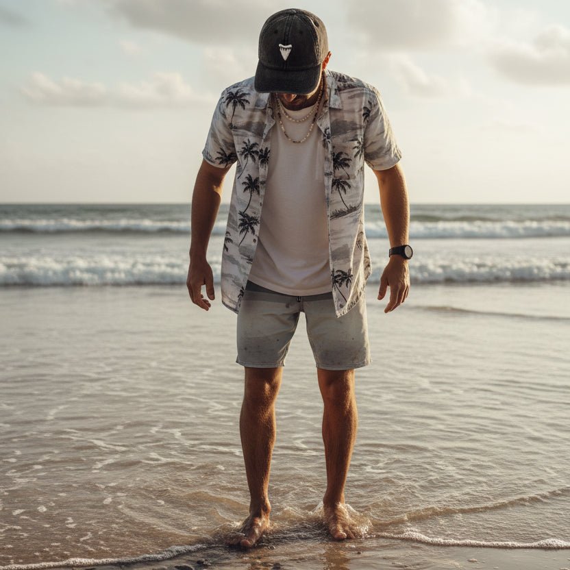 dude in Black denim cap with a white shark tooth logo on marco island