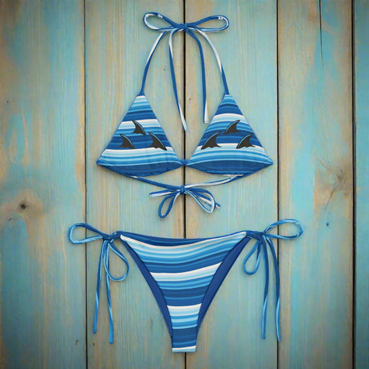 String Bikini With Cool Shark Fins On The Left And The Right