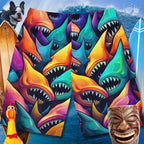 Men's board shorts with a vibrant surreal shark pattern