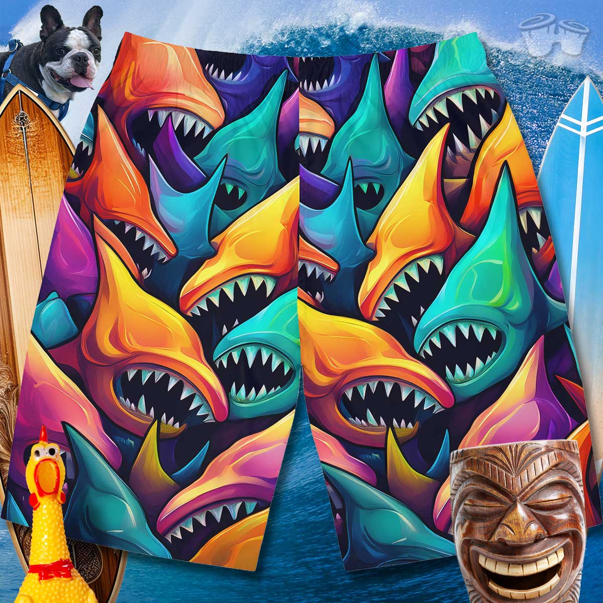 Men's board shorts with a vibrant surreal shark pattern