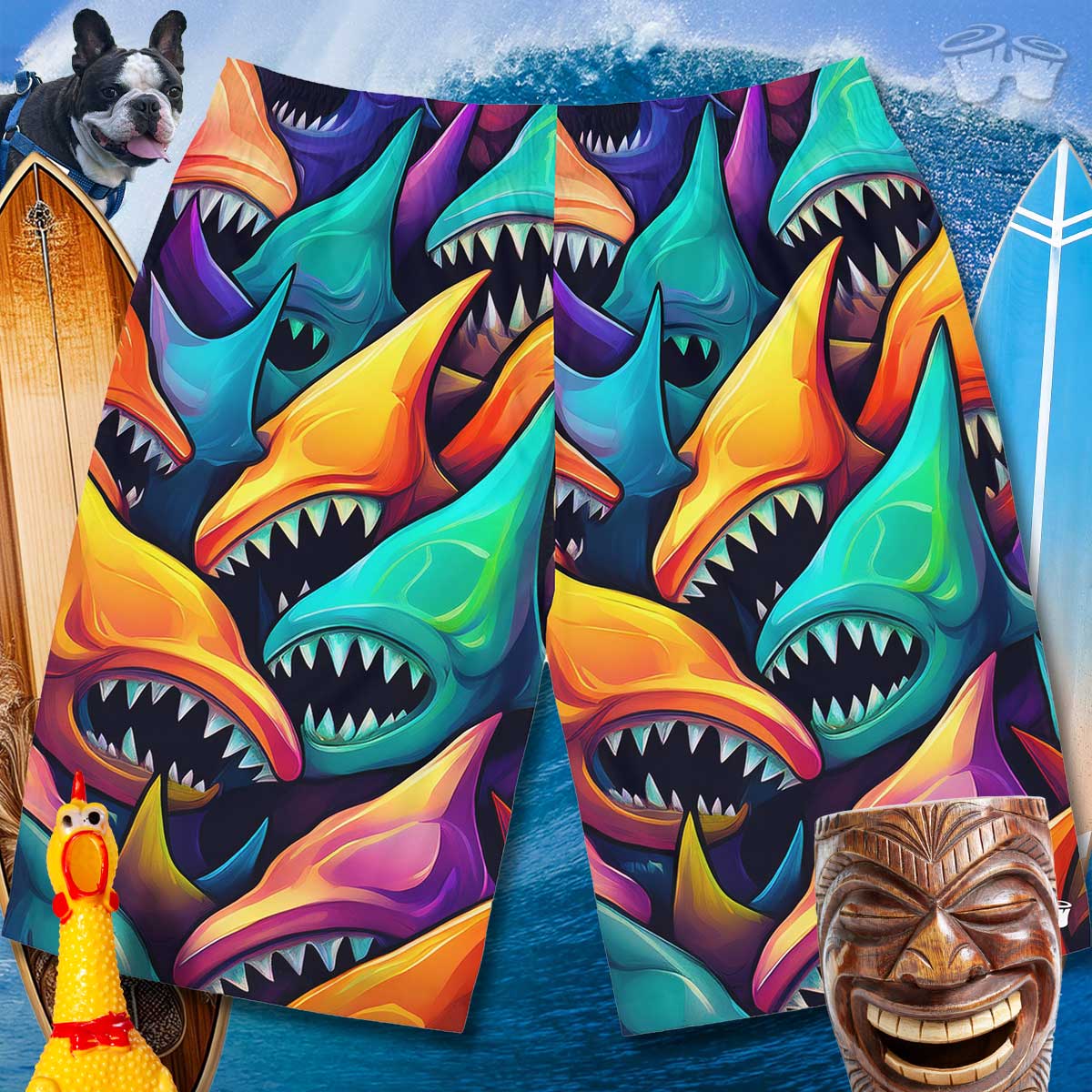 vibrant surreal shark pattern on Men's board shorts