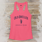 Pink tank top with 'Old Sheller Junonia Club' text on a wooden surface