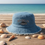 Blue denim bucket hat with 'World People United' logo on a white background