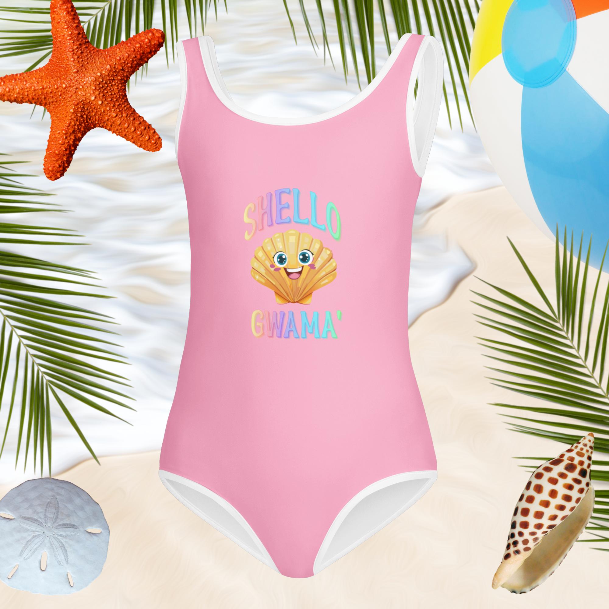 Girls one piece swimsuit with cute cartoon seashell saying "Shello Gwama"