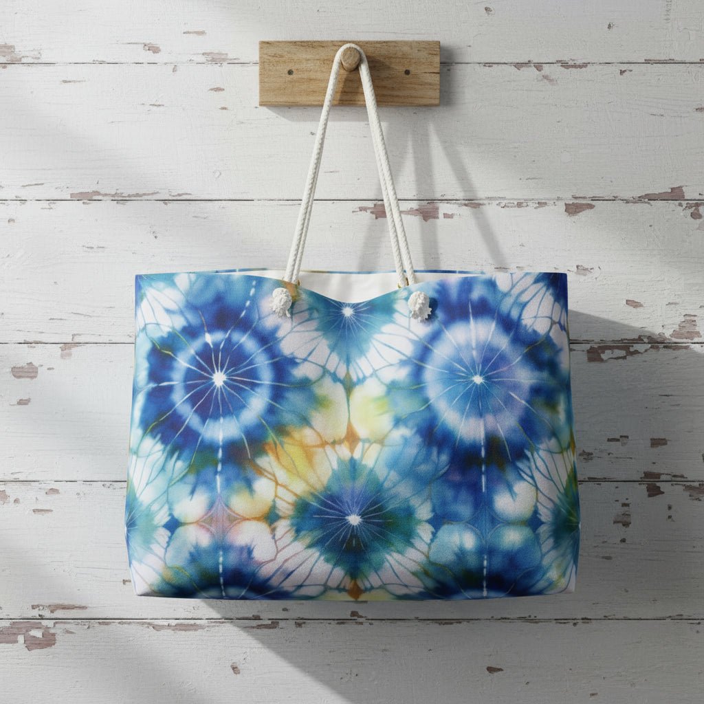 Tie-dye patterned bag with white handles hanging on a wooden hook against a rustic wooden wall.