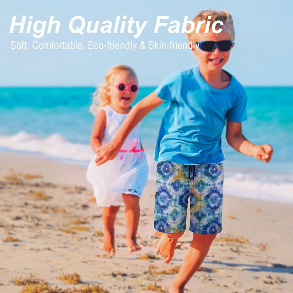 Two children on a beach with text about high-quality fabric