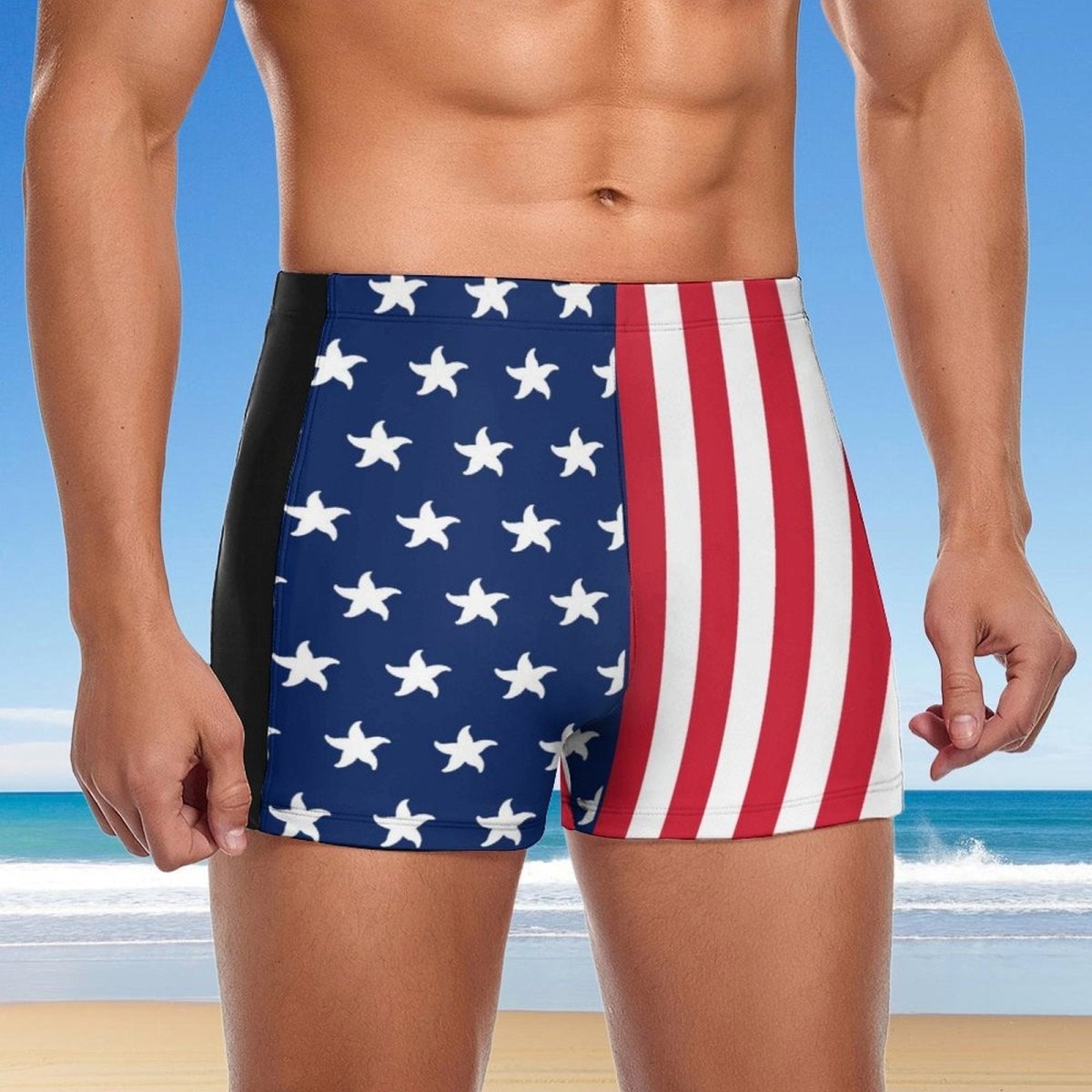 Person wearing American flag patterned swim shorts with a beach background