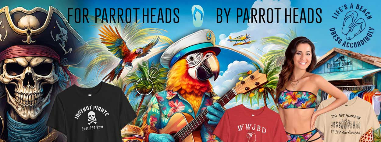 Bongo Beachwear header covering Pirates Parrothead Surfers apparel