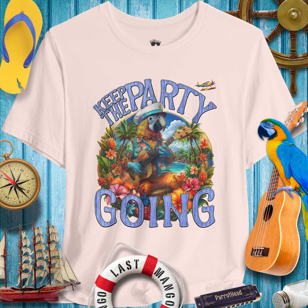 Fun tropical graphic tee featuring a parrot and text 'Keep The Party Going', perfect for summer celebrations and beach events.