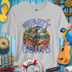 Tropical graphic tee featuring colorful parrot design with 'Keep the Party Going' text, perfect for summer celebrations.
