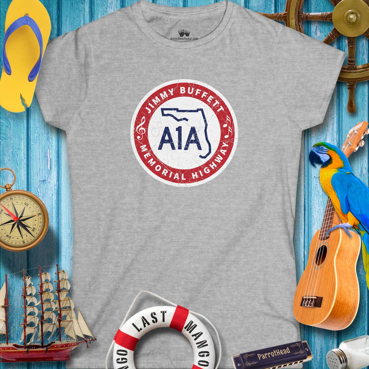 Women's Jimmy Buffett A1A Highway Sign Tee on a colorful summer background, perfect for beach outings.