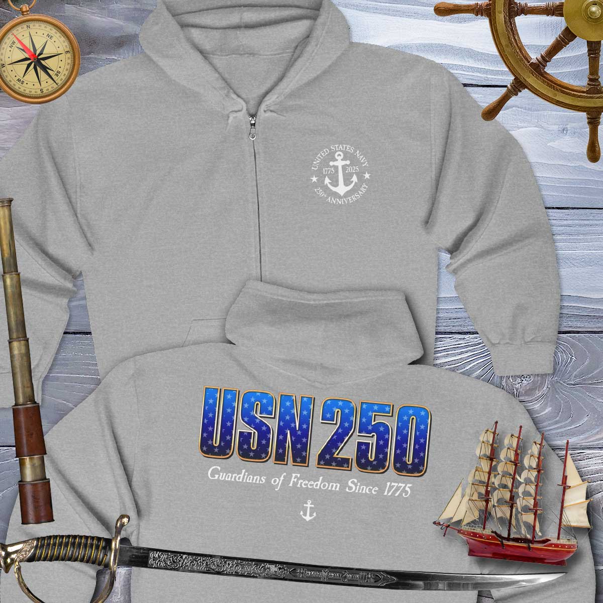 Gray hoodie with 'USN 250' and ship design on a wooden background with nautical items.
