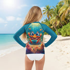 A child shown from the back wearing a long-sleeve rash guard with a colorful underwater graphic featuring a smiling orange crab on the back, set against a St. Croix Island beach