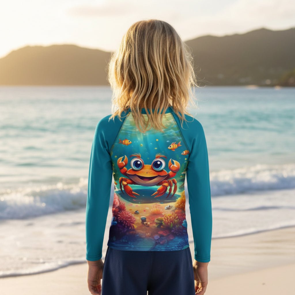 A child shown from the back wearing a long-sleeve swim shirt with a colorful underwater crab graphic on the back and teal sleeves, paired with dark blue swim trunks on St. Croix Island