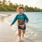 Toddler running through the waves on St Croix Island in the Caribbean Sea wearing a long-sleeve raglan rash guard shirt with teal sleeves and a colorful graphic print of a smiling cartoon crab on an ocean floor with coral and fish.