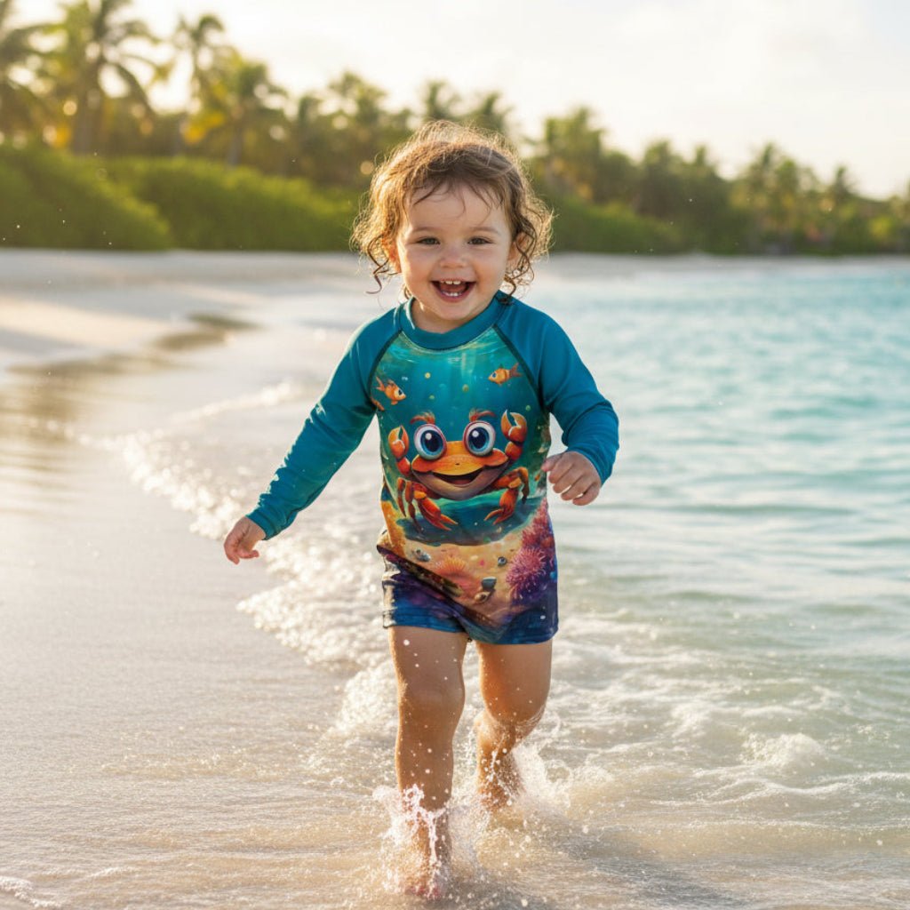 Toddler running through the waves on St Croix Island in the Caribbean Sea wearing a long-sleeve raglan rash guard shirt with teal sleeves and a colorful graphic print of a smiling cartoon crab on an ocean floor with coral and fish.