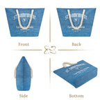 Blue bag with rope handles and branding on a white background