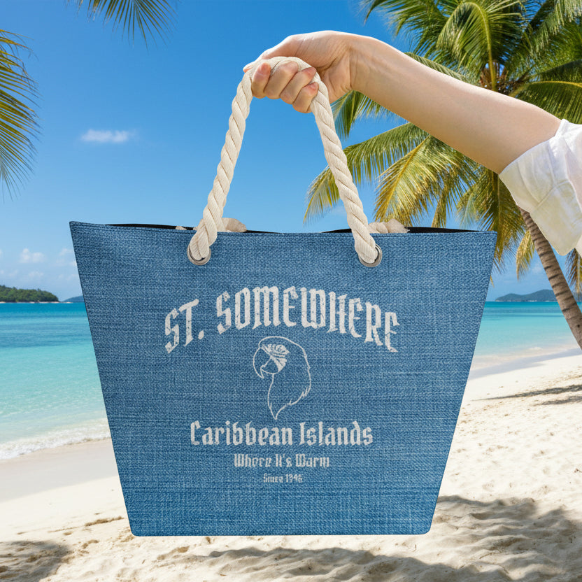 Blue tote bag with 'St. Somewhere Caribbean Islands' denim print