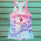 Bubblegum Tie-Dye Tank Top with St. Somewhere Parrothead art on a rustic wood background