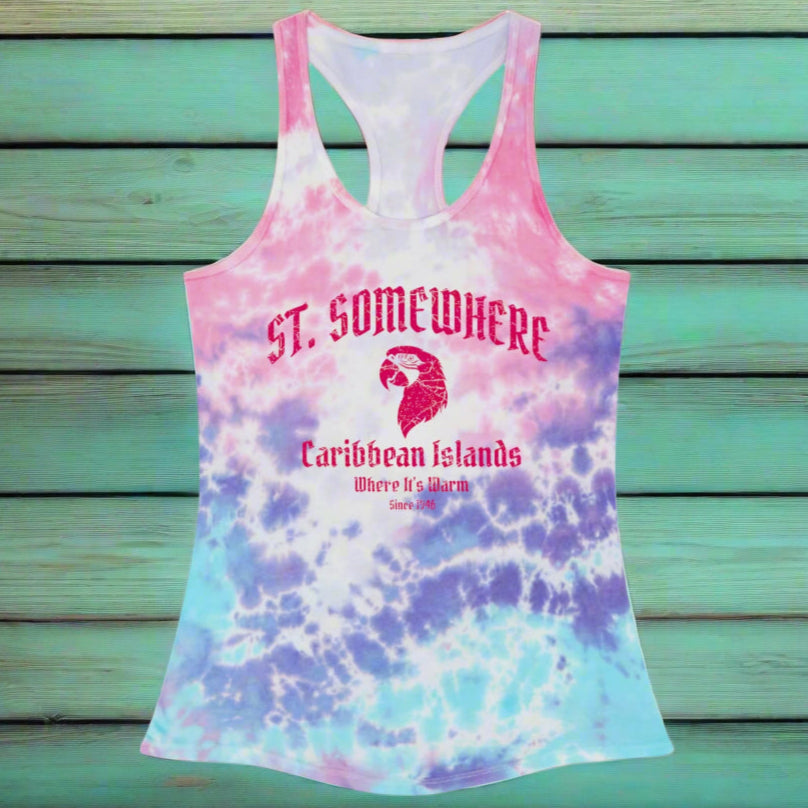 Bubblegum Tie-Dye Tank Top with St. Somewhere Parrothead art on a rustic wood background