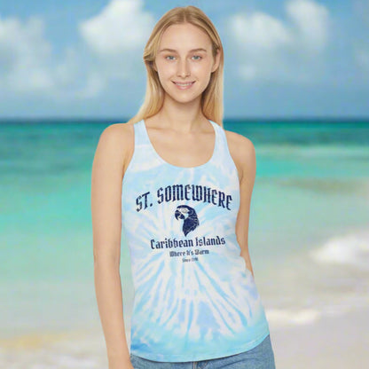 Cute Blond wearing her St. Somewhere Tank-top standing on a caribbean beach