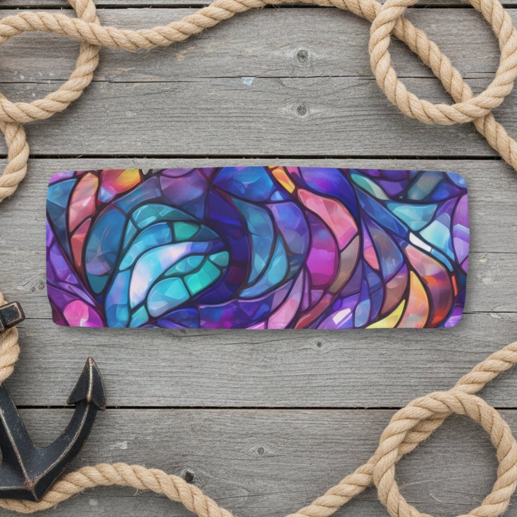 Colorful bandeau top with a stained glass pattern on a rustic wood  background