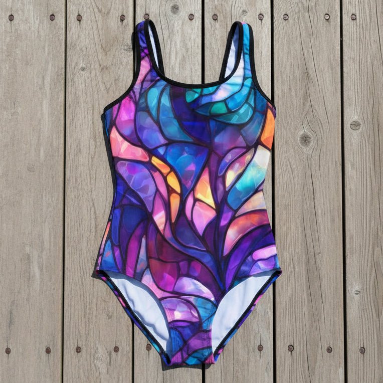 Colorful stained glass patterned swimsuit on a nautical wood deck