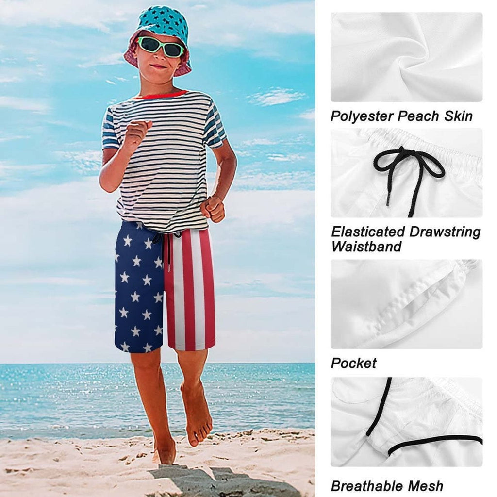 Child wearing a striped shirt, American flag shorts, and a bucket hat on a beach with fabric details shown.