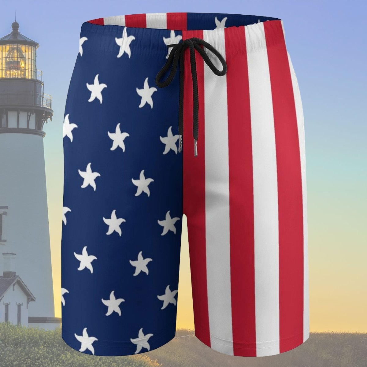 American flag patterned shorts with a lighthouse in the background
