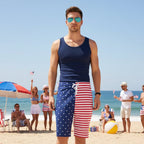 Dude wearing a patriotic board shorts with American flag pattern at a 4th of July Beach Party.