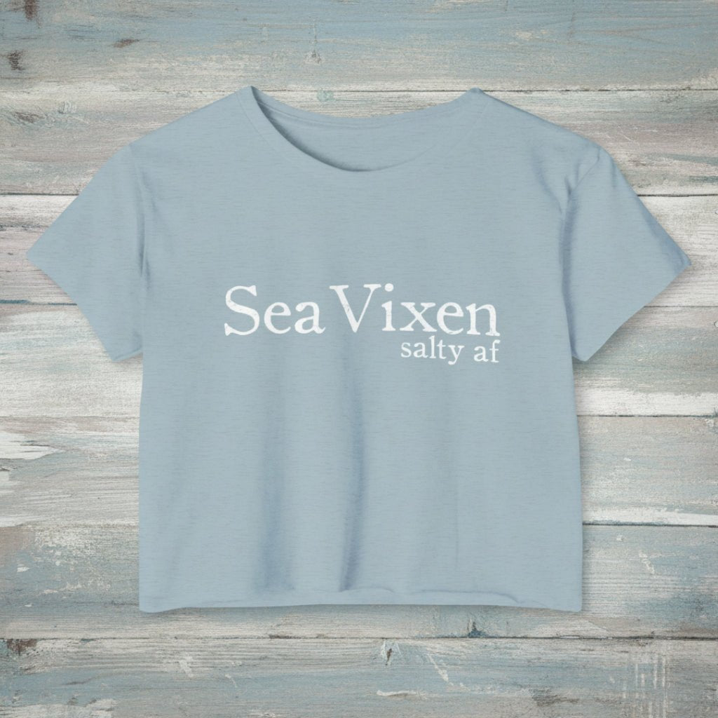 Light blue t-shirt with 'Sea Vixen salty af' text on a white background