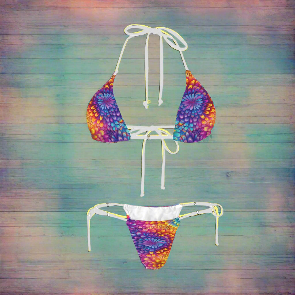 Colorful tie-dye bikini set on a nautical wood background