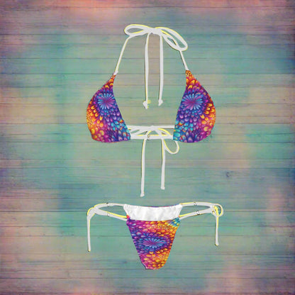 Colorful tie-dye bikini set on a nautical wood background