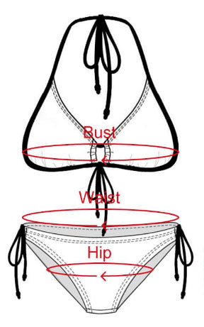 Diagram of a bikini with labeled bust, waist, and hip measurements.