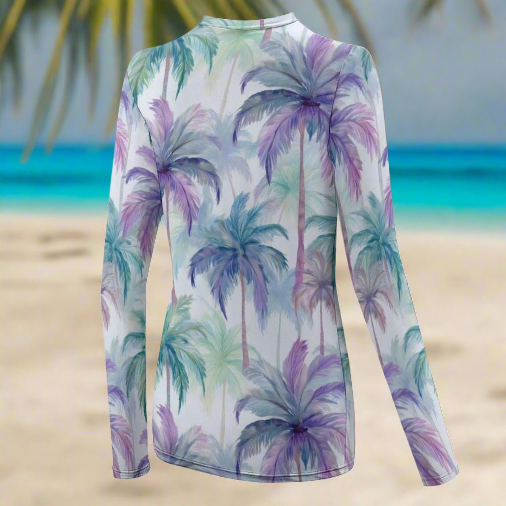 Long-sleeve shirt with palm tree pattern on a beach background