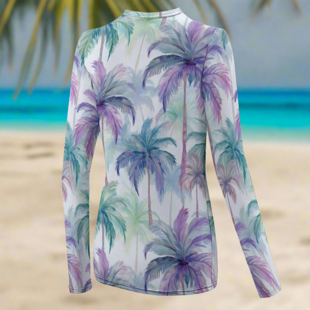 Long-sleeve shirt with palm tree pattern on a beach background