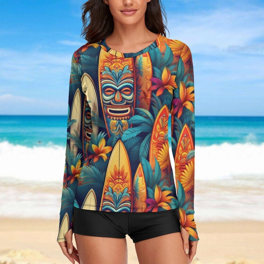 Colorful tropical-themed long-sleeve shirt with a beach background