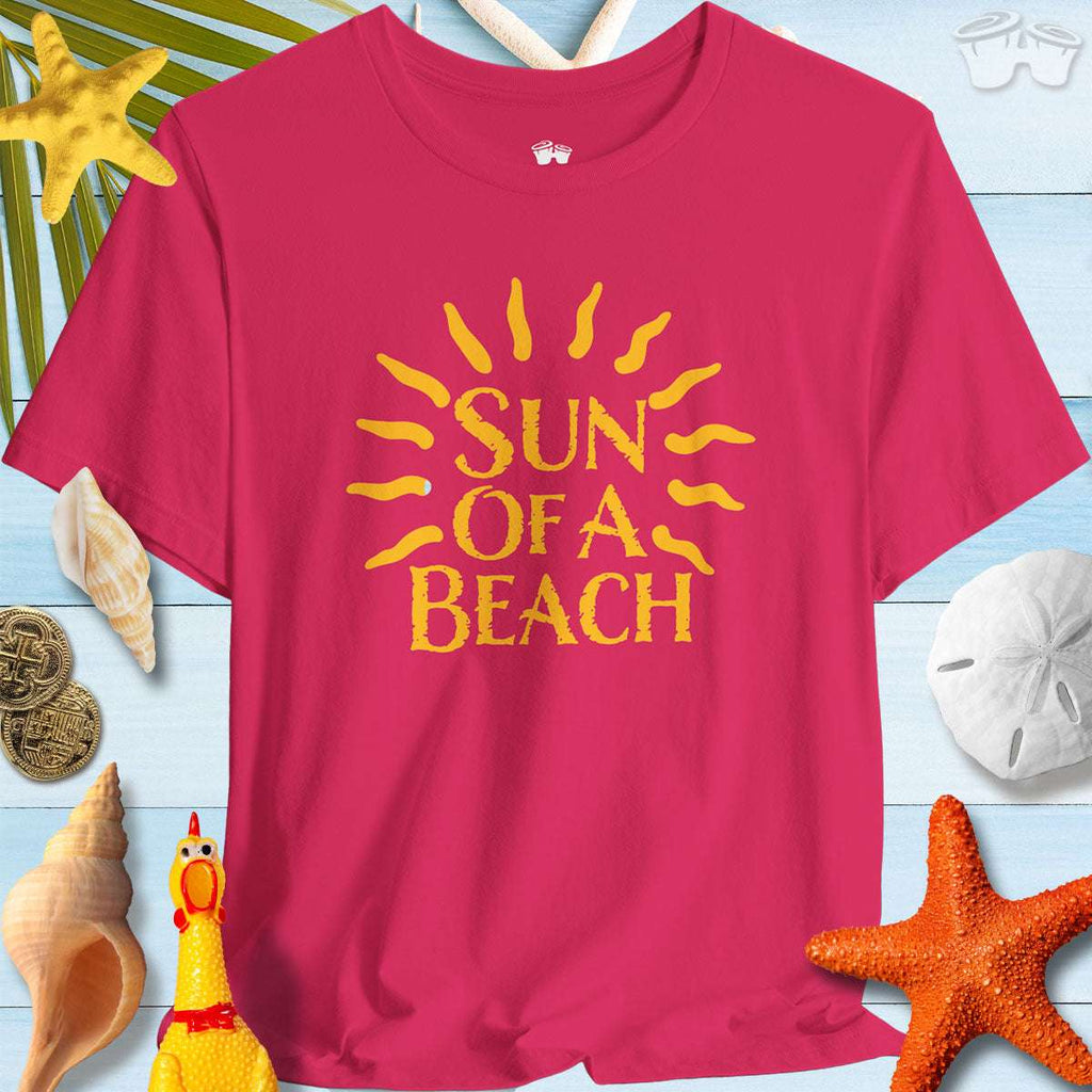Sun Of A Beach Bella Canvas Tee shirt in vibrant pink with sun graphic, perfect for beach lovers and casual summer wear.