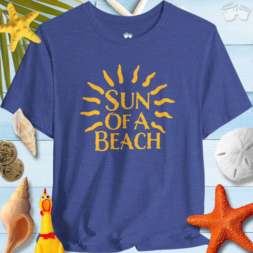 Blue Bella Canvas tee shirt featuring 'Sun Of A Beach' design, perfect for summer and beach lovers.